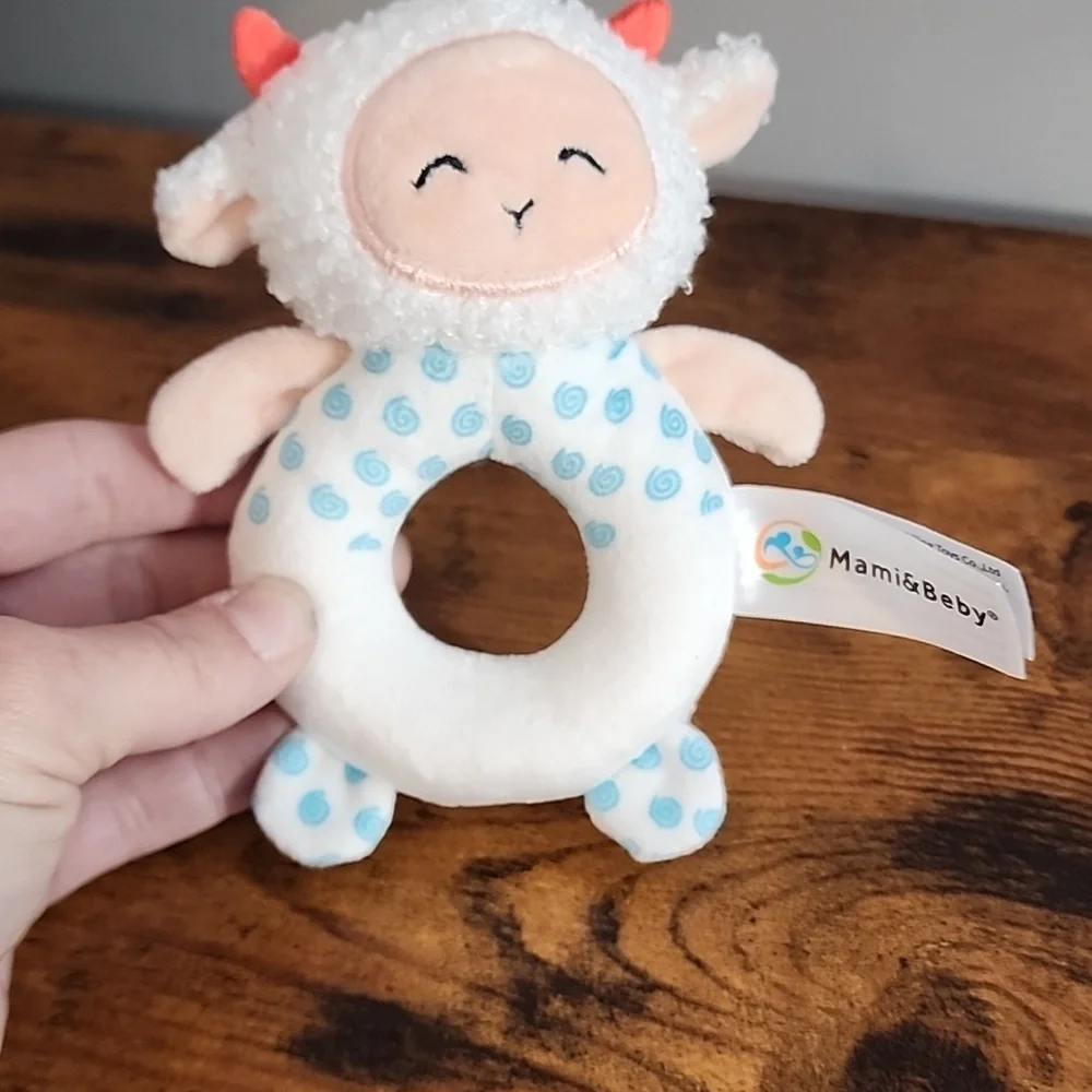 Cute Cartoon Animal Infant Baby Rattling Rattle, Teether Toy Blue & White Sheep